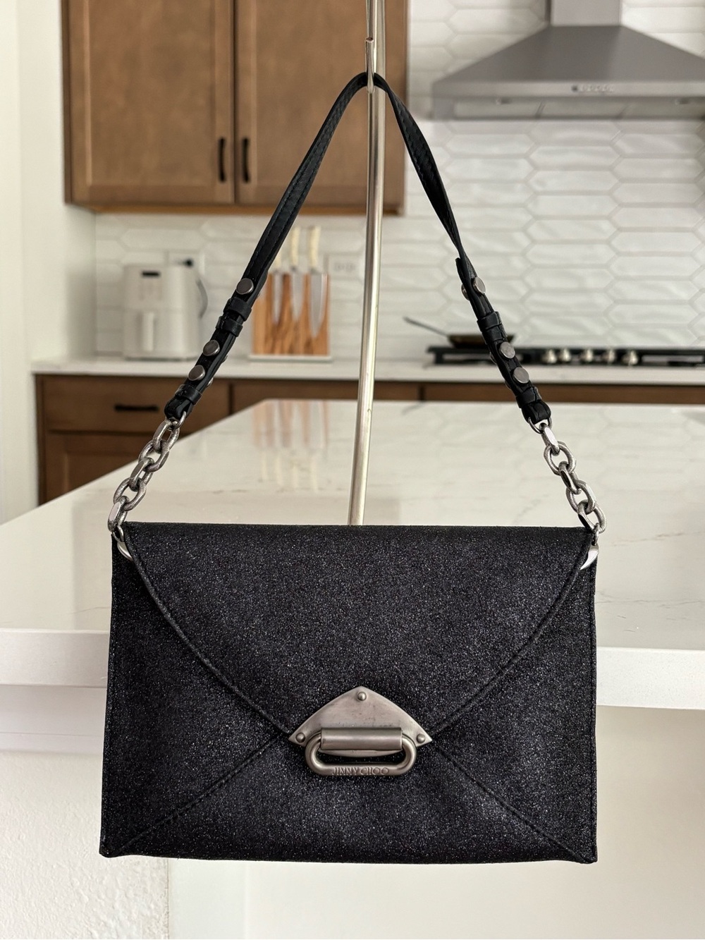 Jimmy Choo Black Glitter Shoulder Bag with Chain Accent
